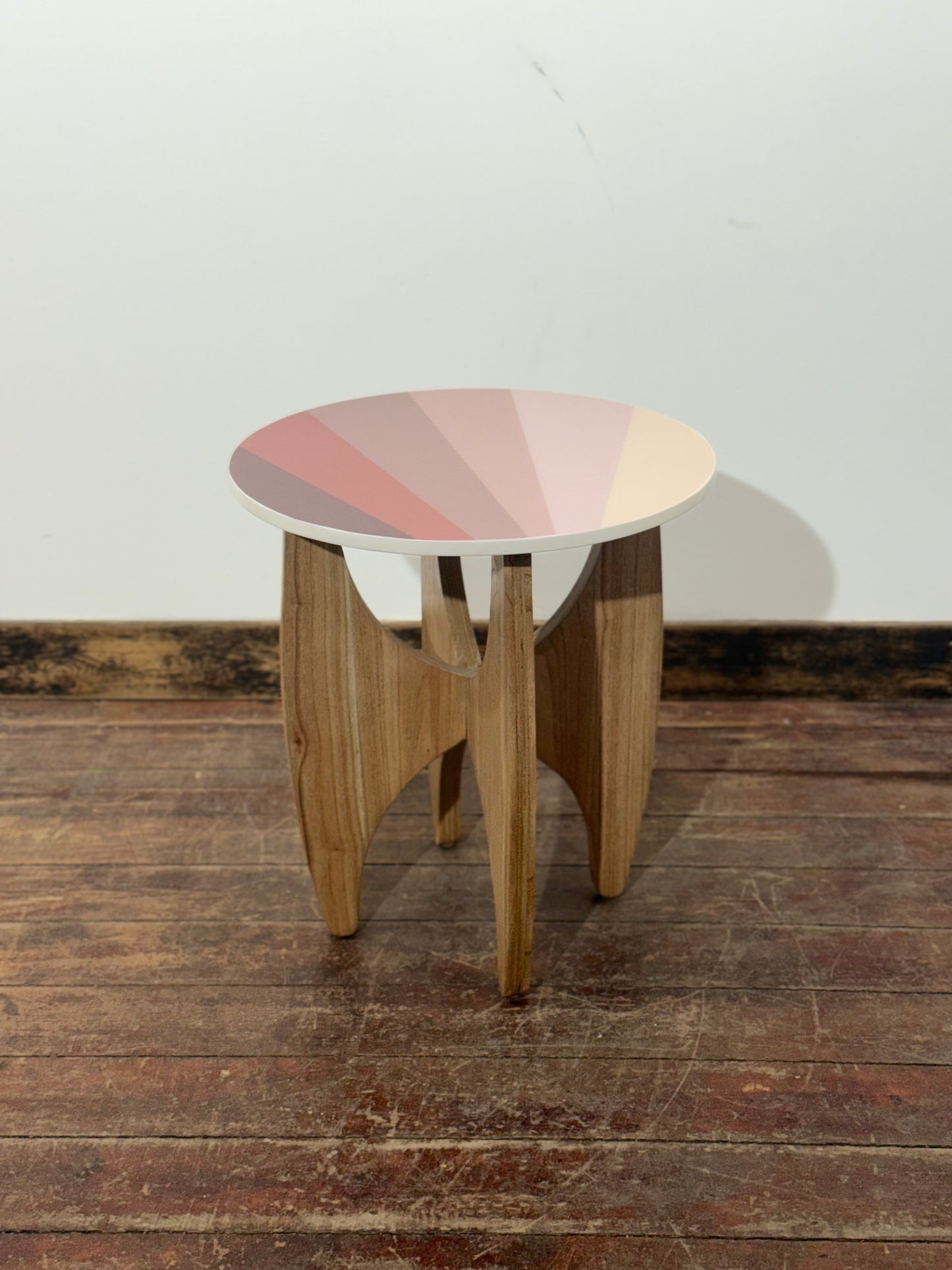 Modern Round Accent Side Table / Wooden Base with Pastel Geometric Top