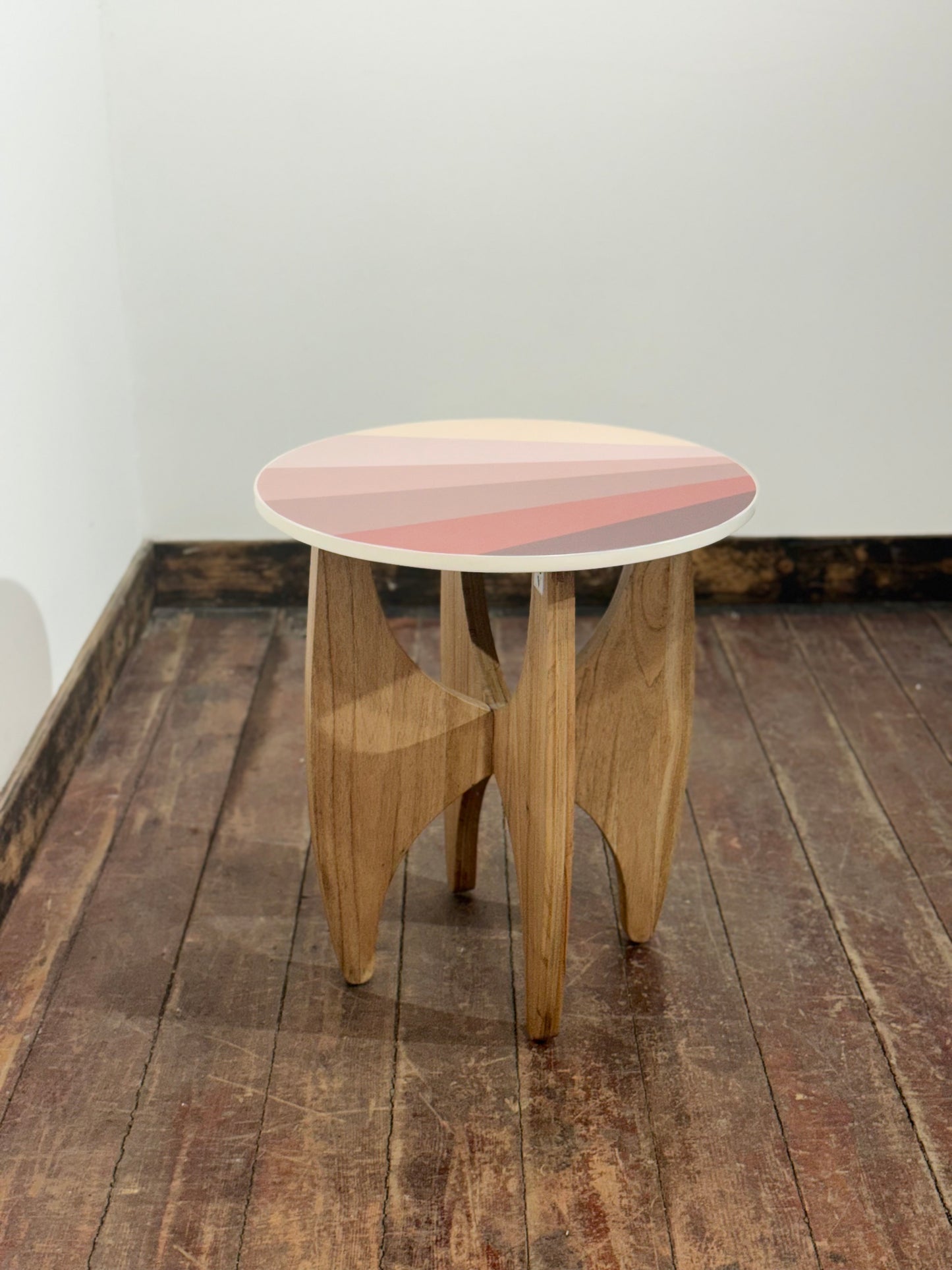 Modern Round Accent Side Table / Wooden Base with Pastel Geometric Top