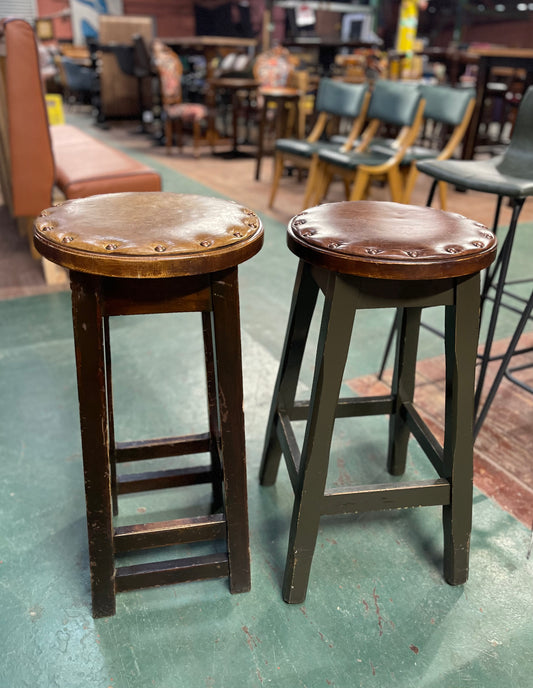 Pair of vintage style, rustic bar / pub stools with brown leather tops