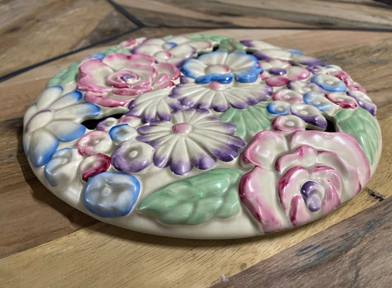 Ornate vintage Clarice Cliff 1940s floral wall plaque