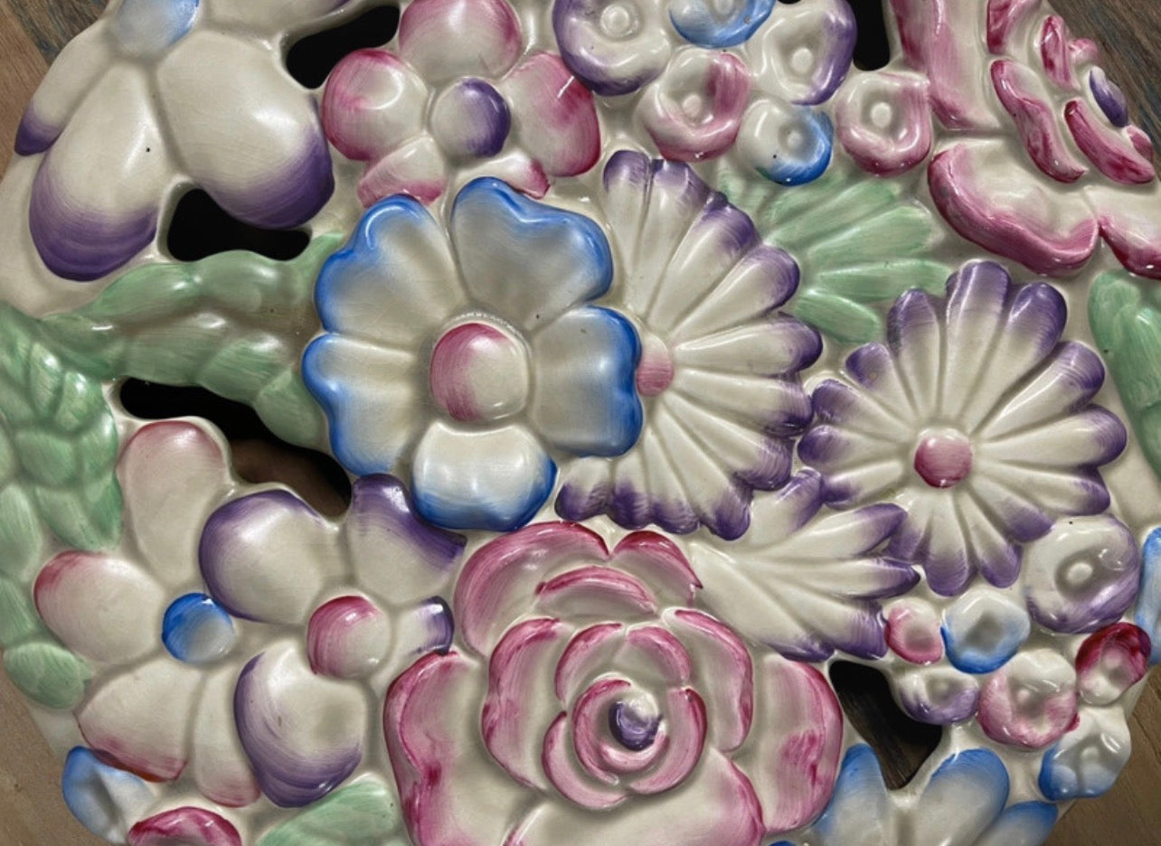 Ornate vintage Clarice Cliff 1940s floral wall plaque