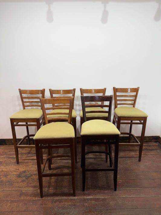 Set of 6 Wooden Bar Stools | Commercial Pub Restaurant Café Seating | Upholstered Sage Seats | High Stools
