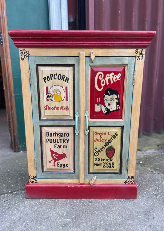 Quirky hand painted cabinet with retro / vintage style adverts