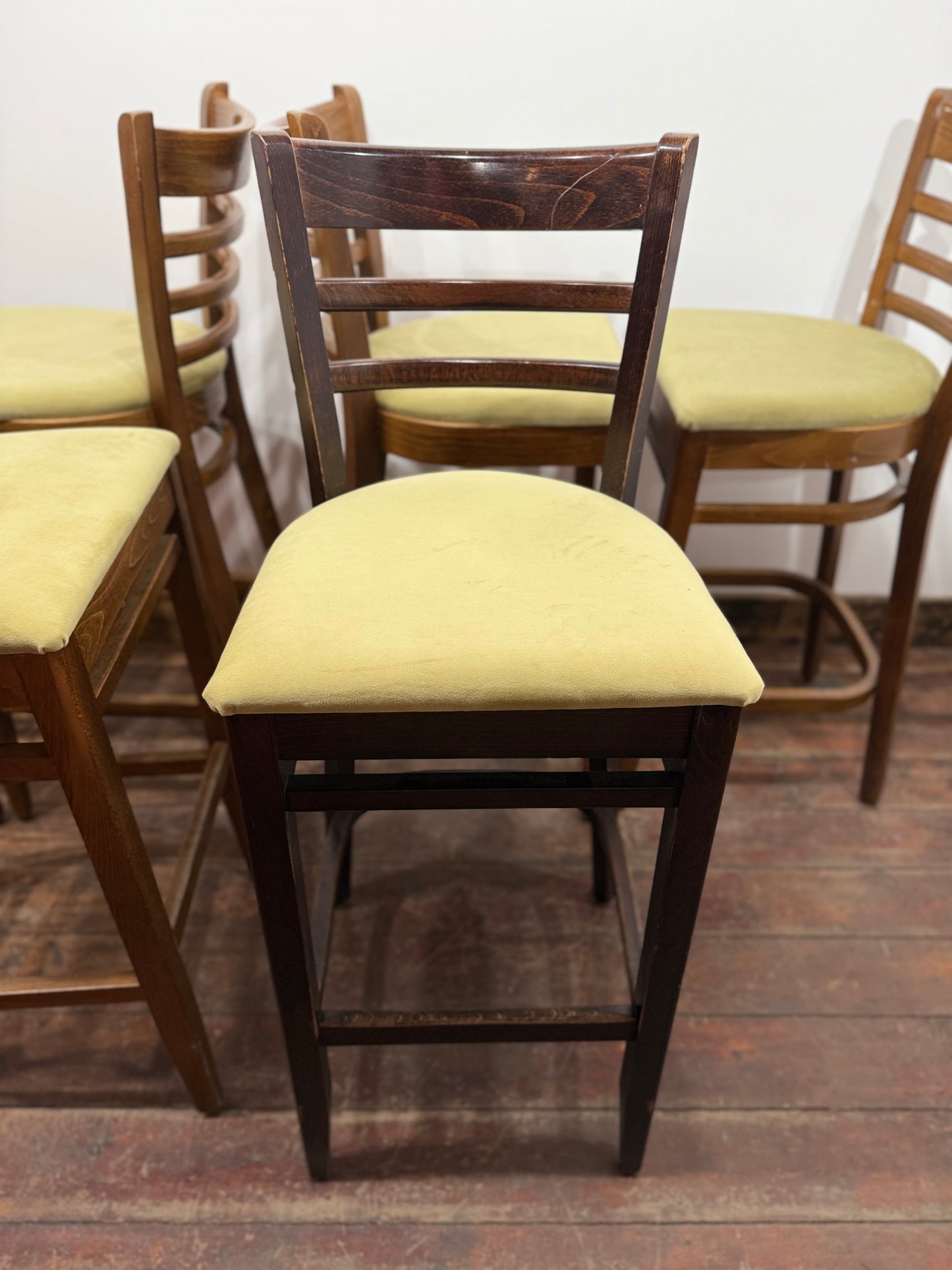 Set of 6 Wooden Bar Stools | Commercial Pub Restaurant Café Seating | Upholstered Sage Seats | High Stools