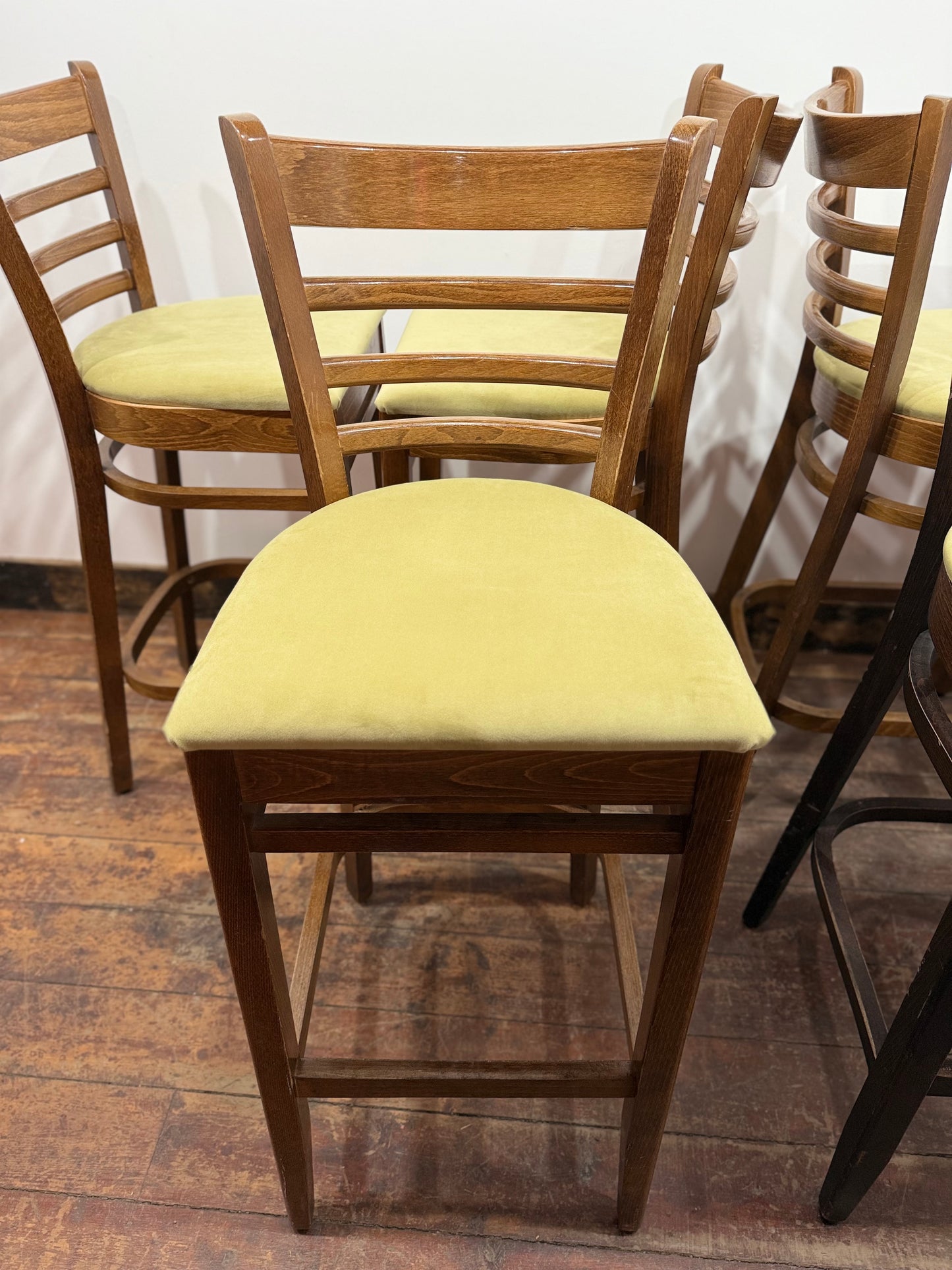 Set of 6 Wooden Bar Stools | Commercial Pub Restaurant Café Seating | Upholstered Sage Seats | High Stools