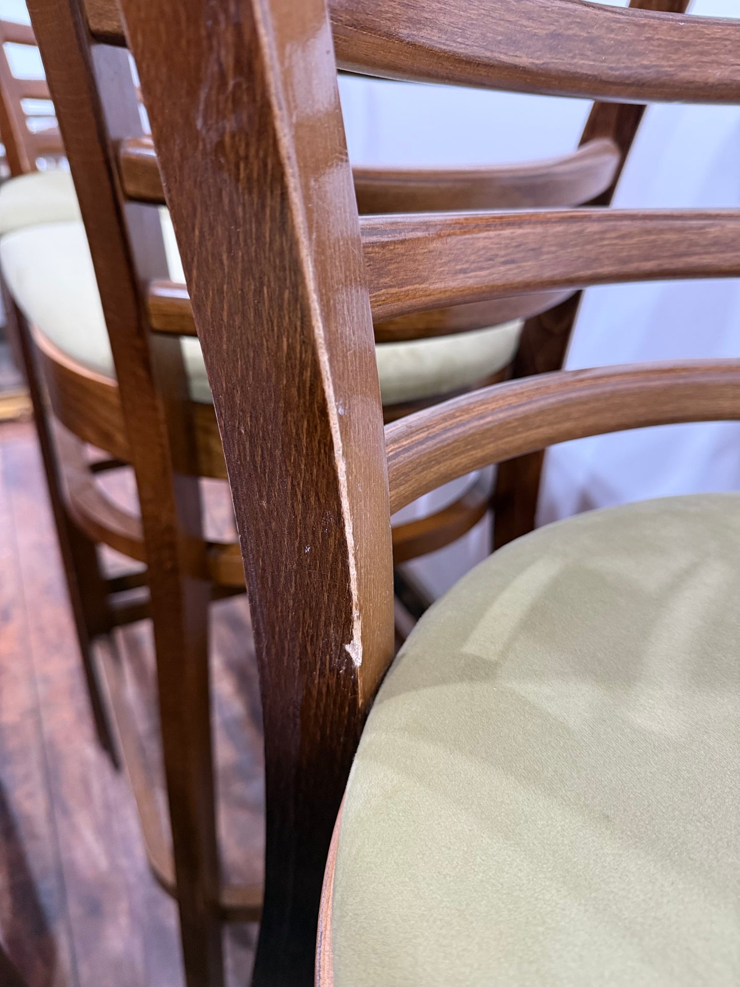 Set of 6 Wooden Bar Stools | Commercial Pub Restaurant Café Seating | Upholstered Sage Seats | High Stools