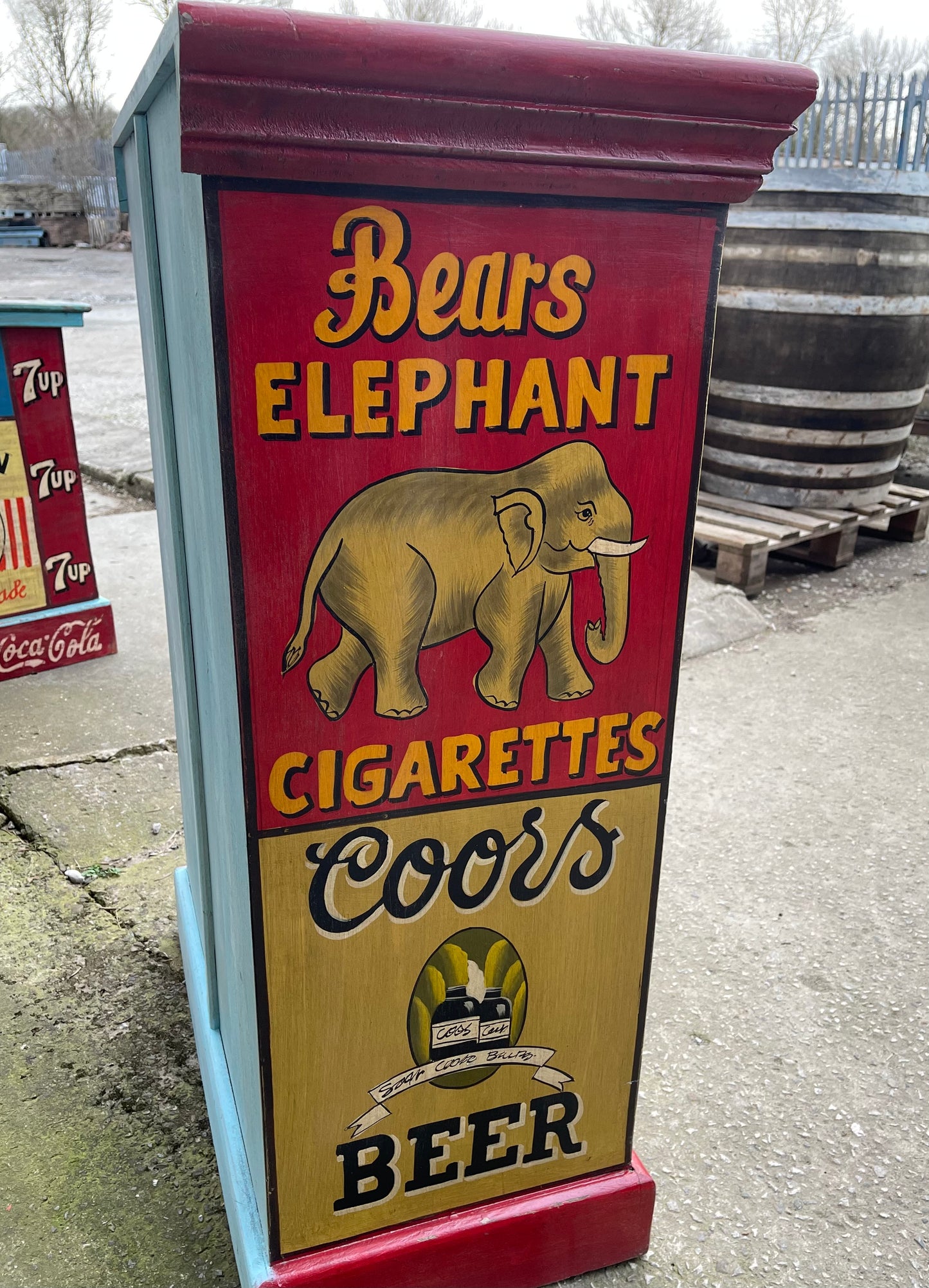 Quirky hand painted cabinet with retro / vintage style adverts