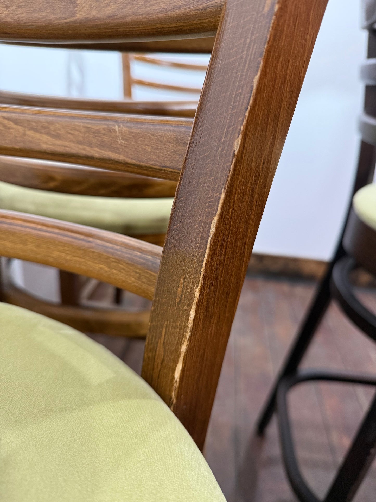 Set of 6 Wooden Bar Stools | Commercial Pub Restaurant Café Seating | Upholstered Sage Seats | High Stools