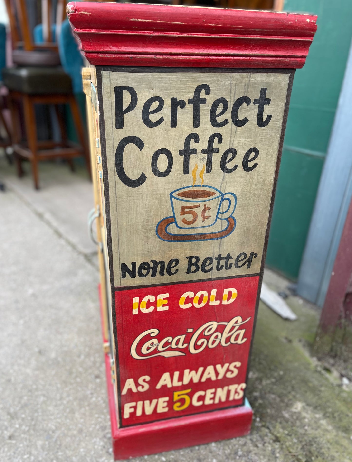 Quirky hand painted cabinet with retro / vintage style adverts