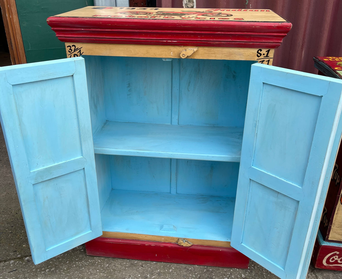 Quirky hand painted cabinet with retro / vintage style adverts