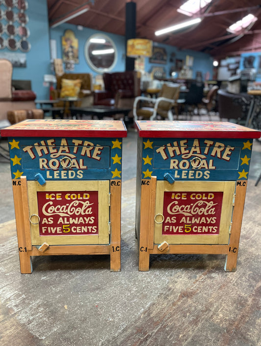 Pair of hand painted bedside cabinets feat. vintage style adverts