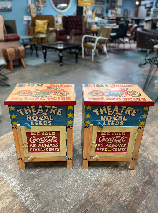 Pair of hand painted bedside cabinets feat. vintage style adverts
