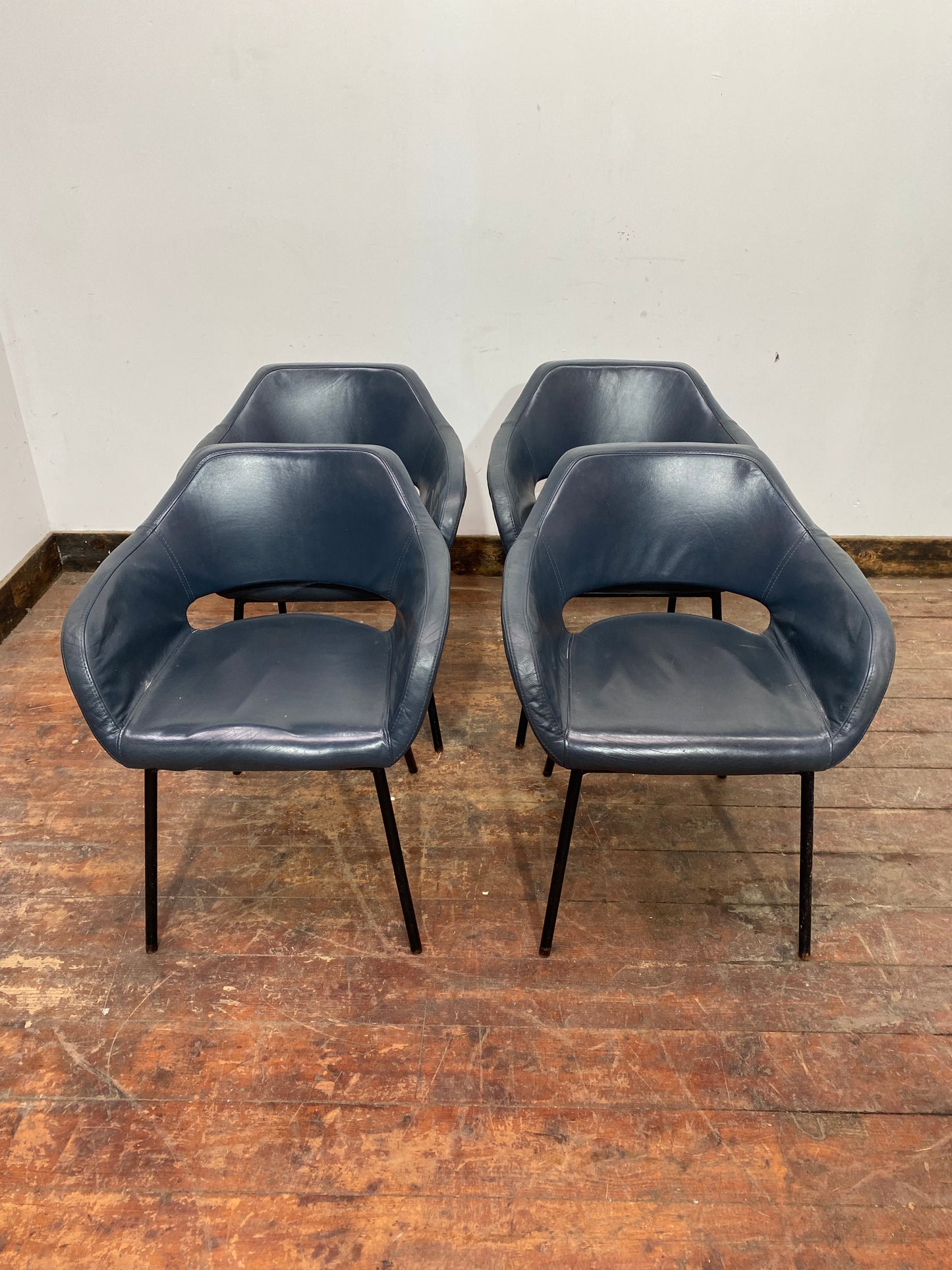 Set of 4 Blue Leather Tub Chairs