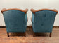 Pair of tan leather wingbacks with bright blue back and sides