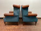 Pair of tan leather wingbacks with bright blue back and sides