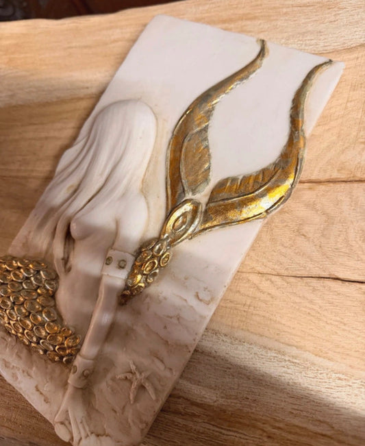 Beautiful mermaid wall plaque in white and gold