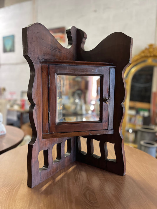 Handmade vintage corner cabinet in dark wood with mirror door