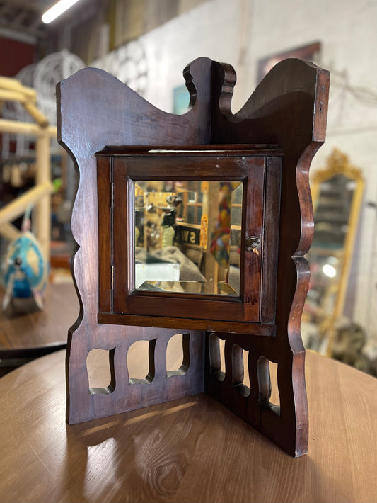 Handmade vintage corner cabinet in dark wood with mirror door