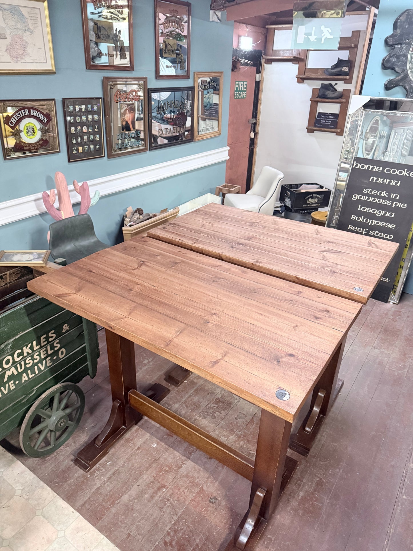 Pair of Wooden Poseur Tables – Rustic Timber Tops – High Bar Bistro Tables