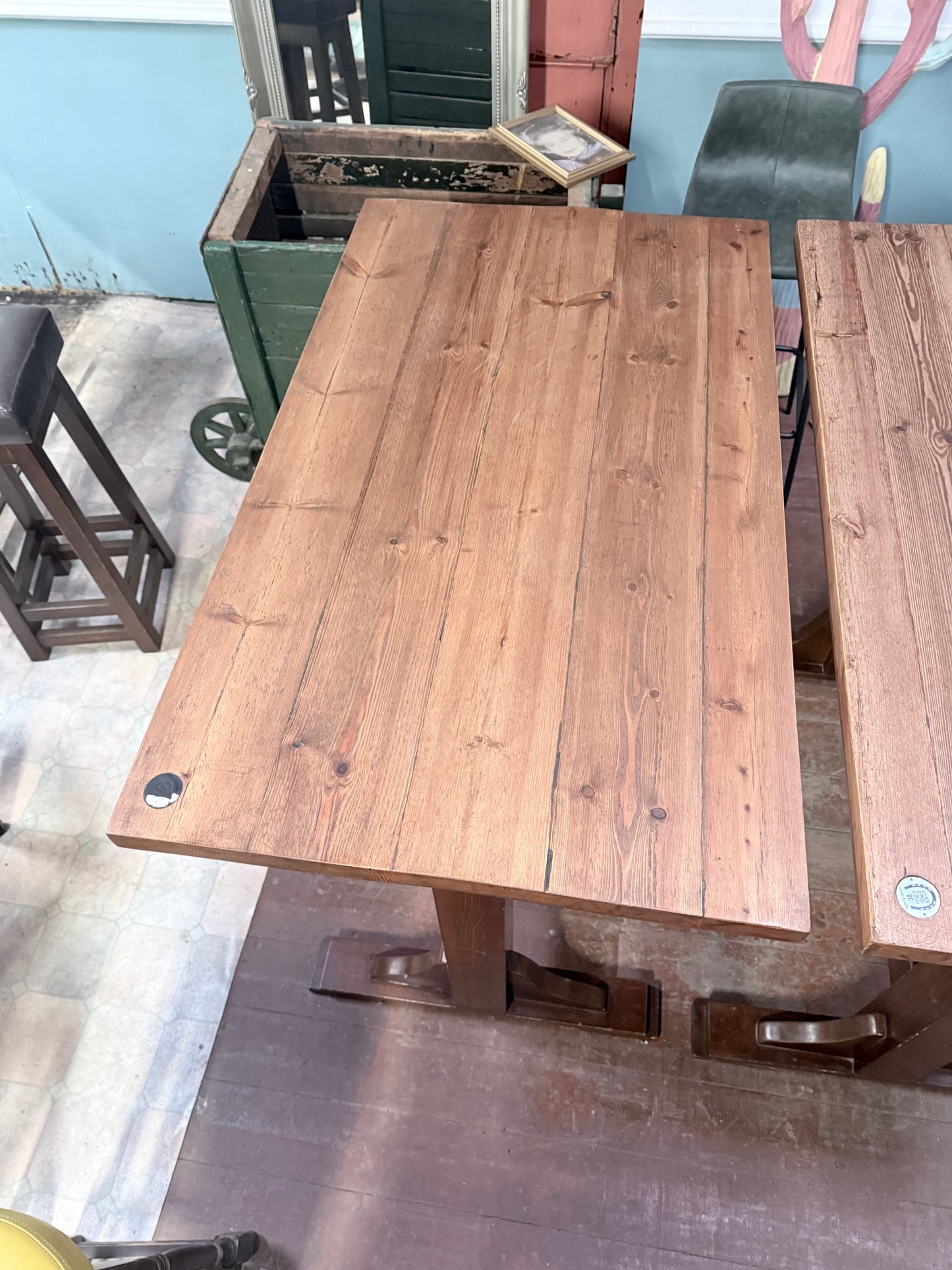 Pair of Wooden Poseur Tables – Rustic Timber Tops – High Bar Bistro Tables