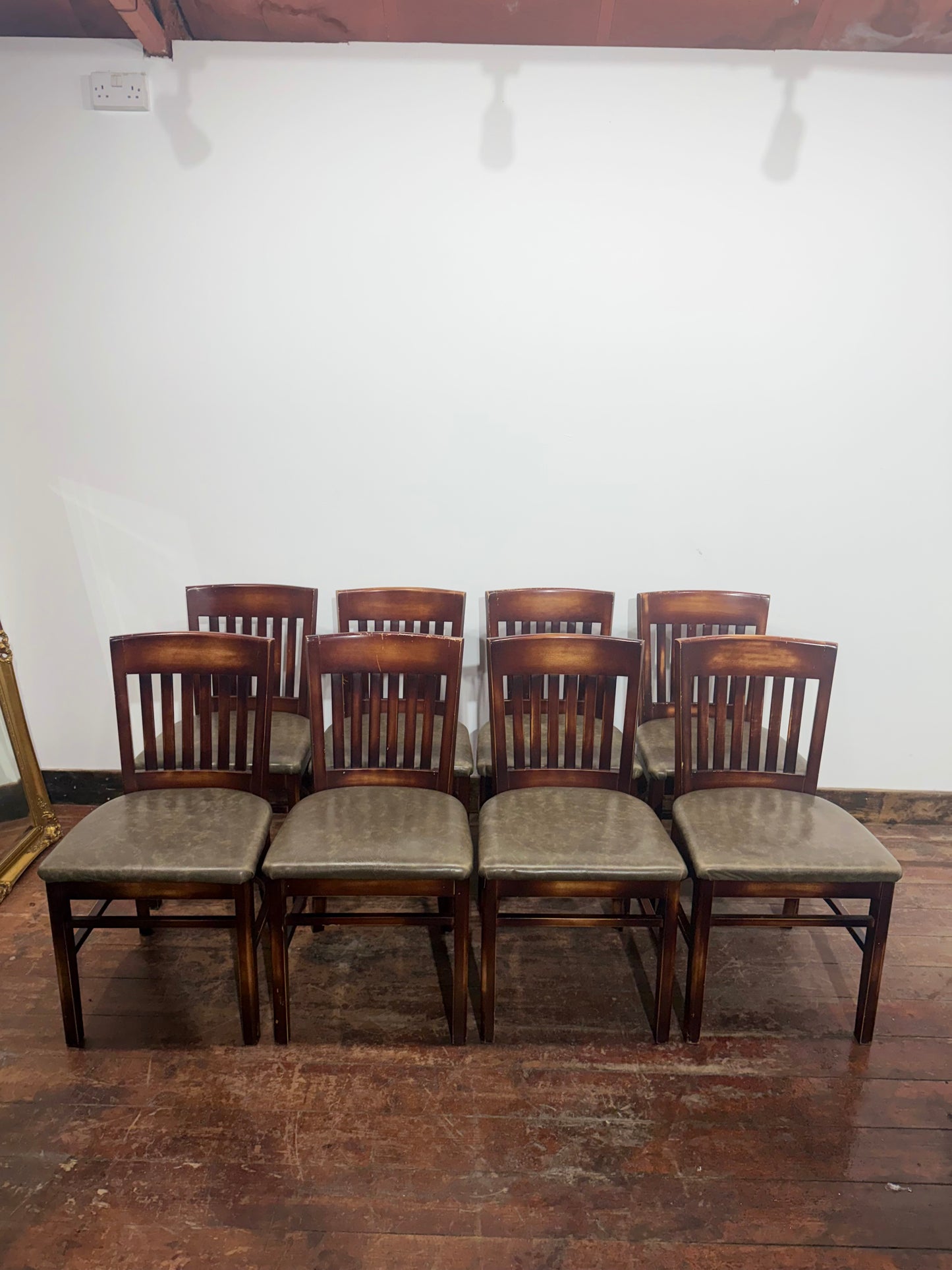 Set of 8 Leather Dining Chairs/Dark Wood/Slat Back/Traditional Chairs