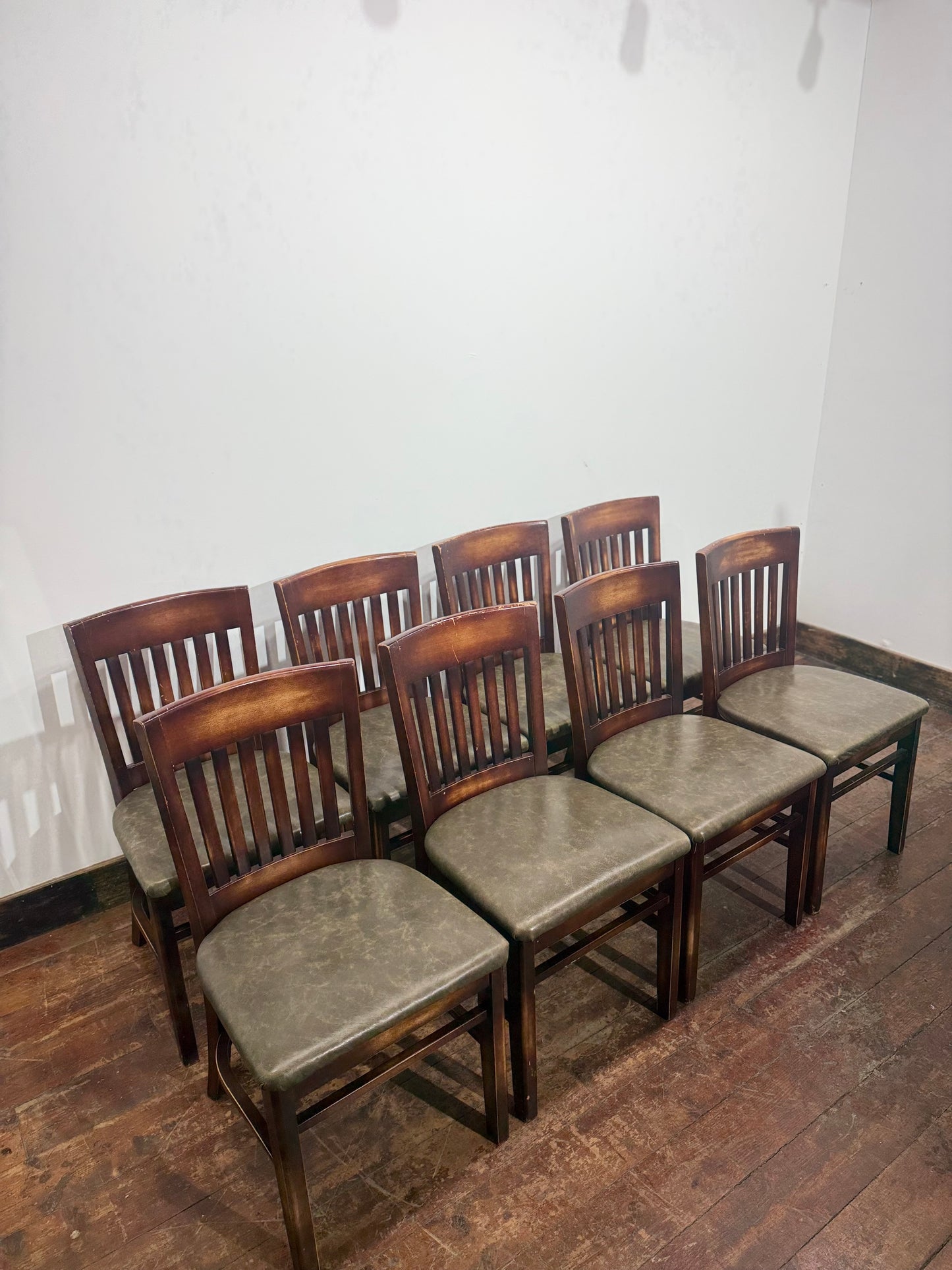 Set of 8 Leather Dining Chairs/Dark Wood/Slat Back/Traditional Chairs