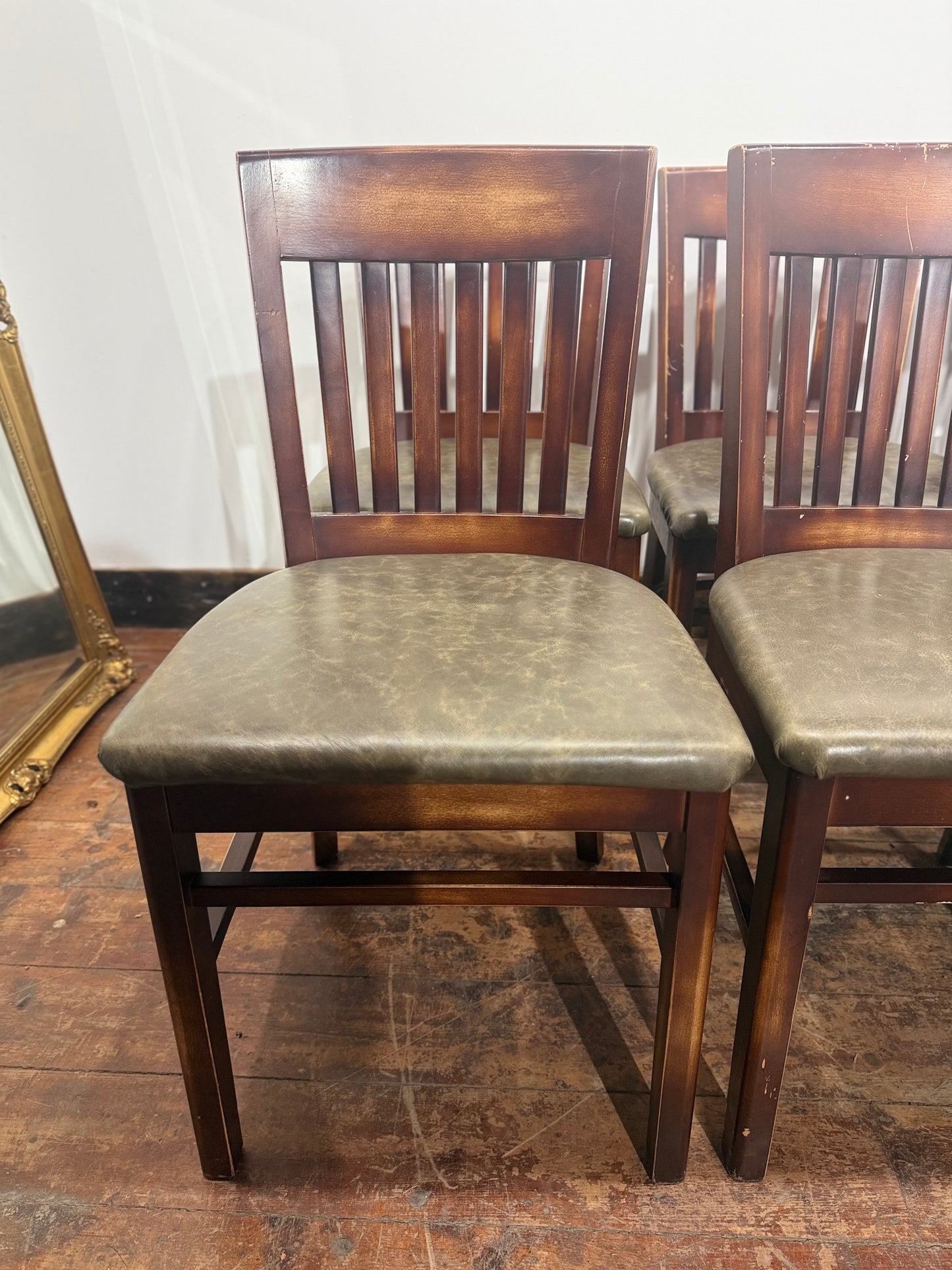Set of 8 Leather Dining Chairs/Dark Wood/Slat Back/Traditional Chairs