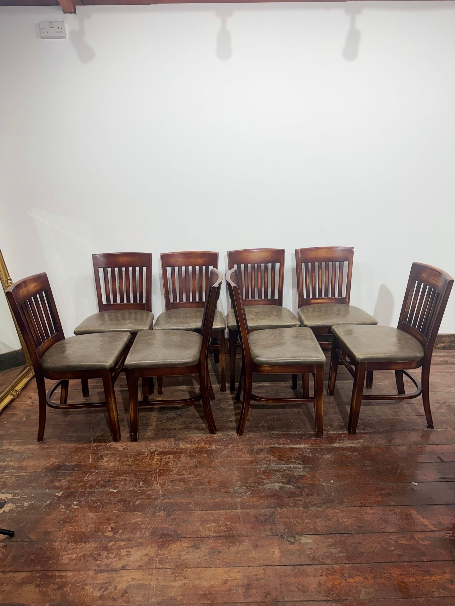 Set of 8 Leather Dining Chairs/Dark Wood/Slat Back/Traditional Chairs