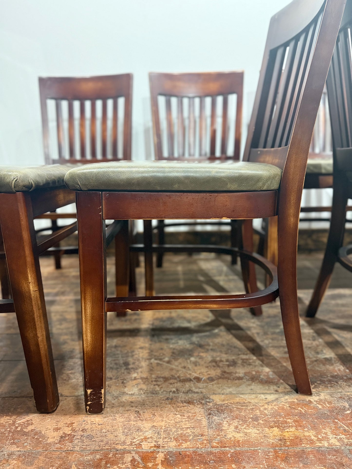 Set of 8 Leather Dining Chairs/Dark Wood/Slat Back/Traditional Chairs