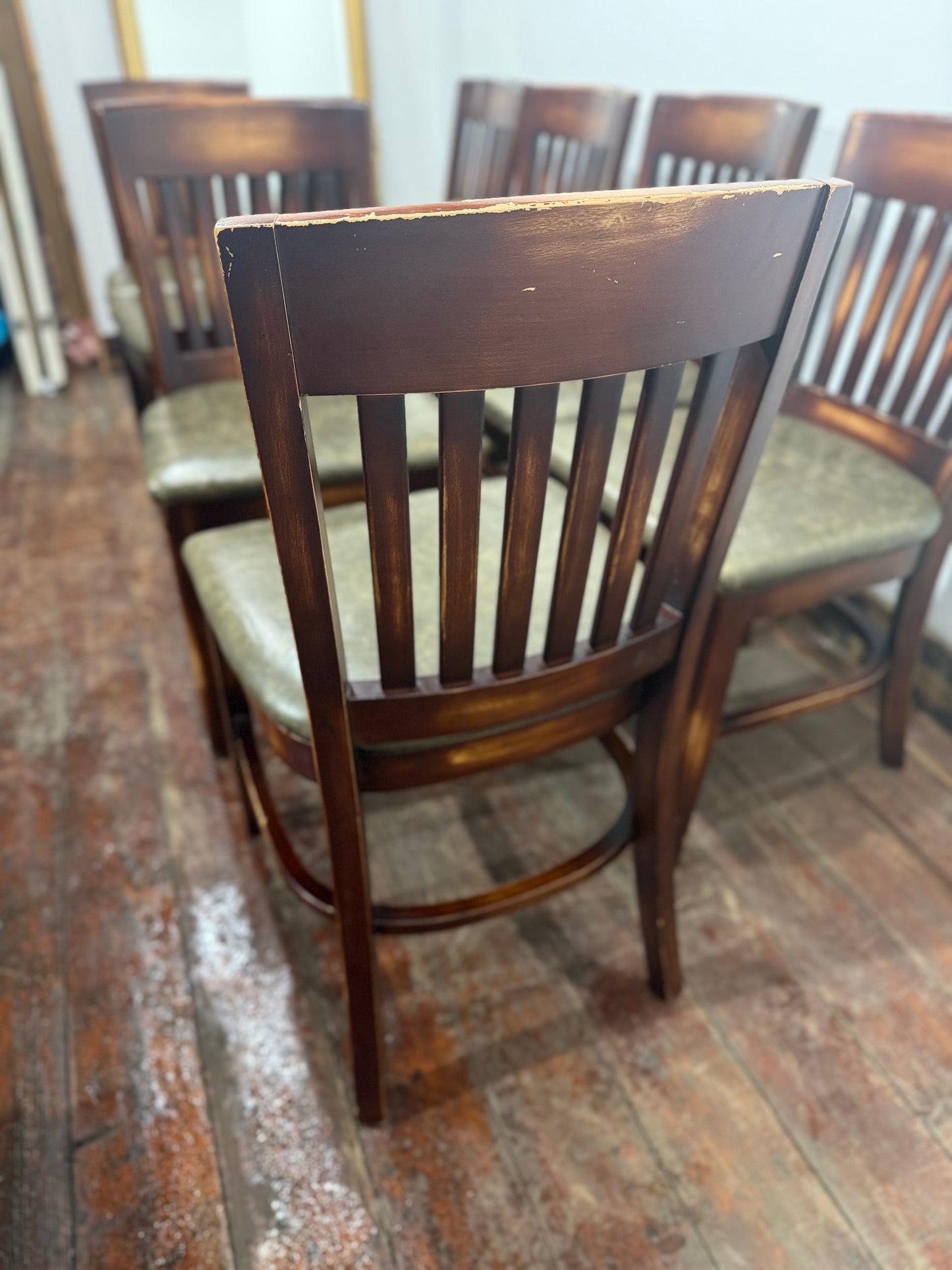 Set of 8 Leather Dining Chairs/Dark Wood/Slat Back/Traditional Chairs