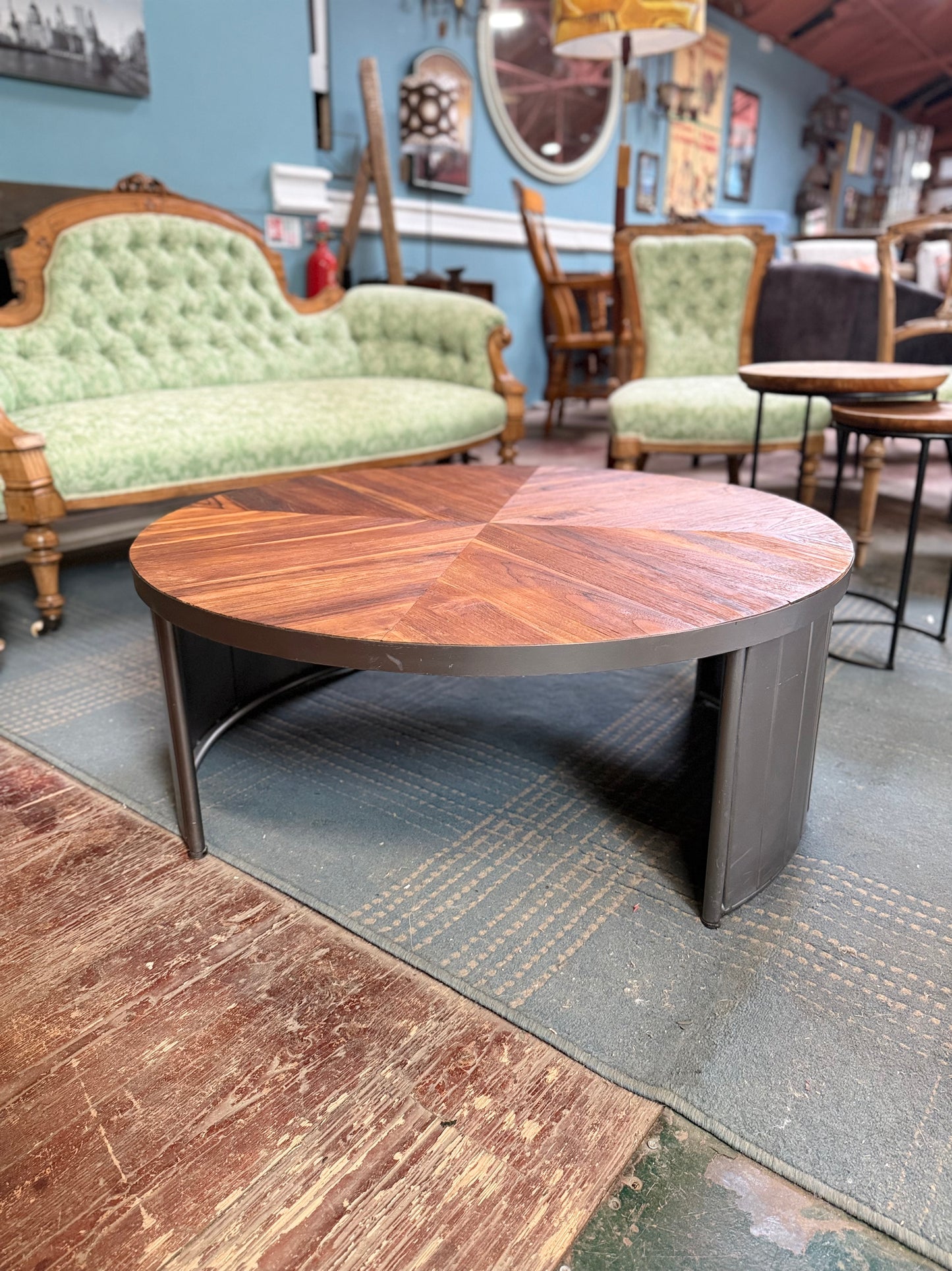 Oban Round Coffee Table – Wood Effect Top & Black Metal Base