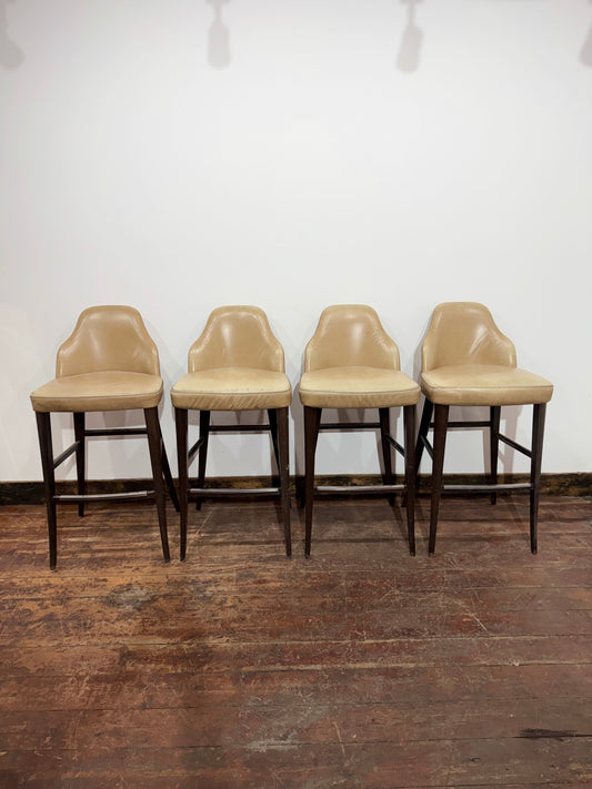 Set of 4 Vintage Real Leather Bar Stools – Tan Leather – Dark Wood Legs
