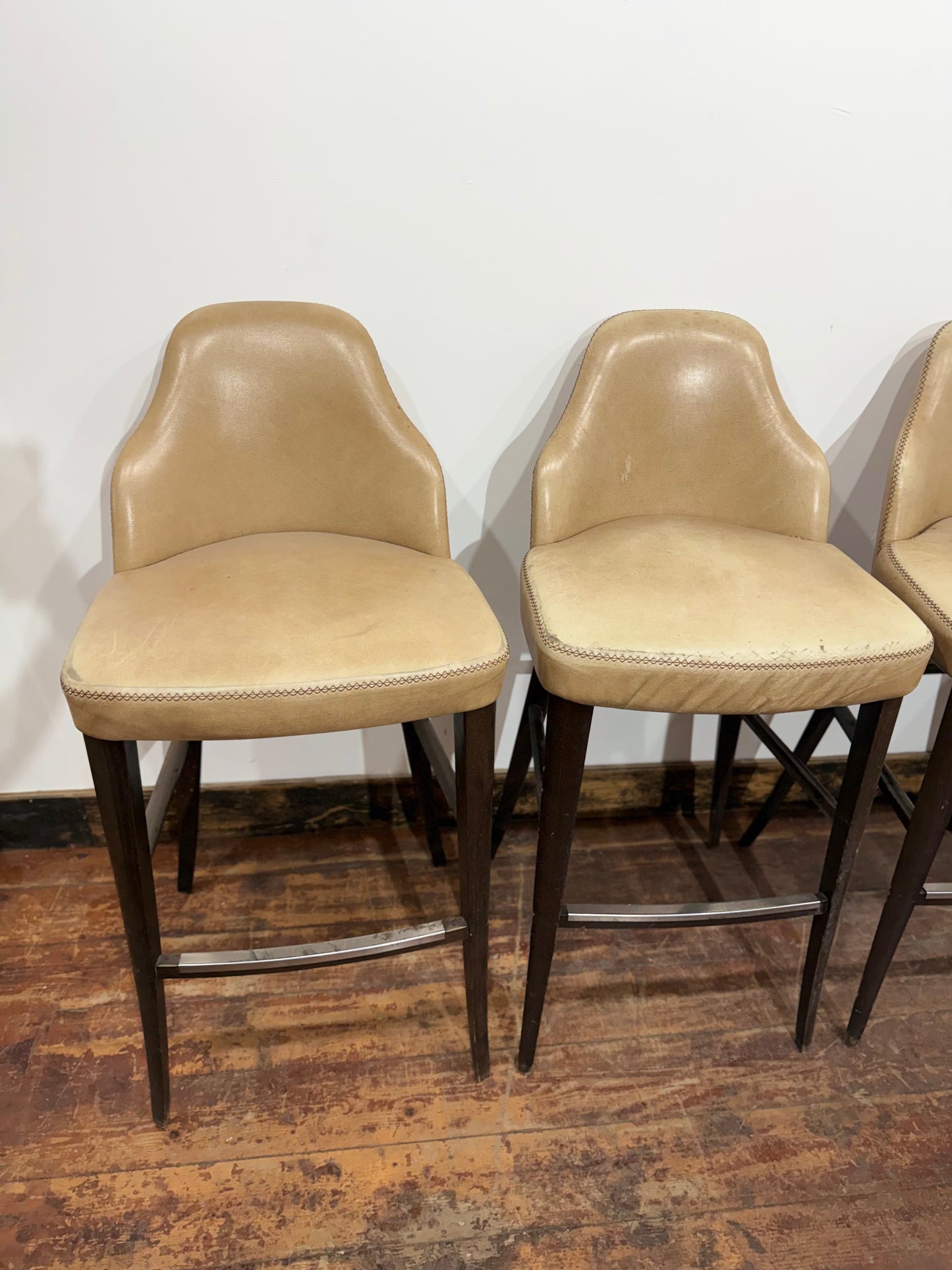 Set of 4 Vintage Real Leather Bar Stools – Tan Leather – Dark Wood Legs