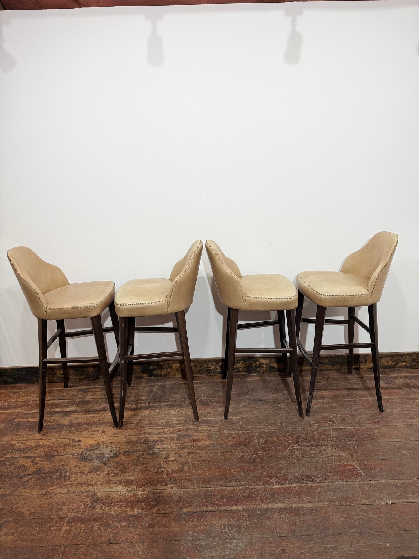 Set of 4 Vintage Real Leather Bar Stools – Tan Leather – Dark Wood Legs