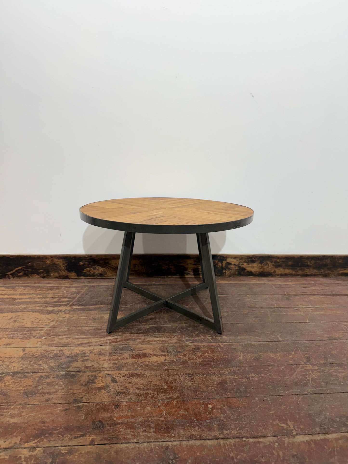 Industrial Round Oak Parquet Coffee Table Black Metal Rustic Vintage Style