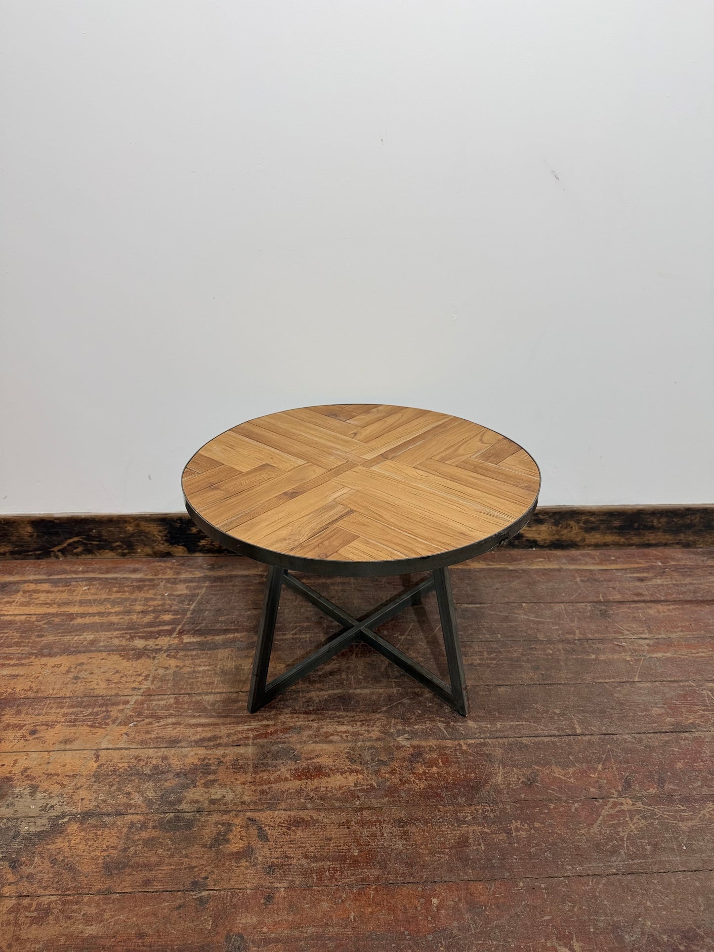 Industrial Round Oak Parquet Coffee Table Black Metal Rustic Vintage Style