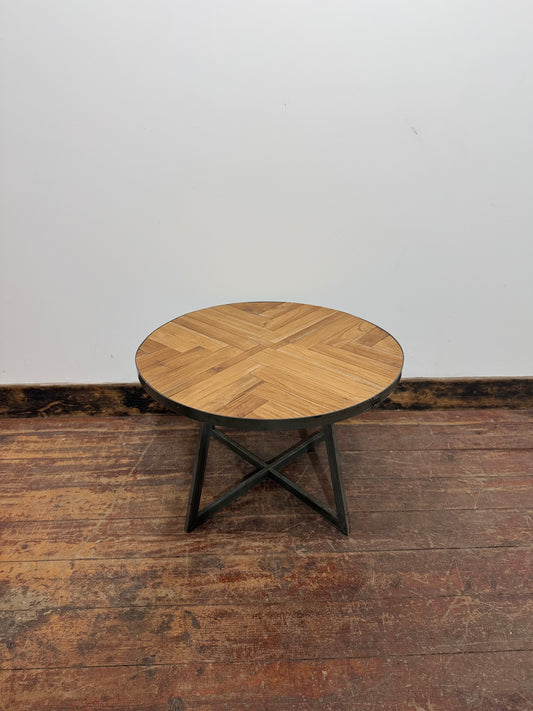 Industrial Round Oak Parquet Coffee Table Black Metal Rustic Vintage Style