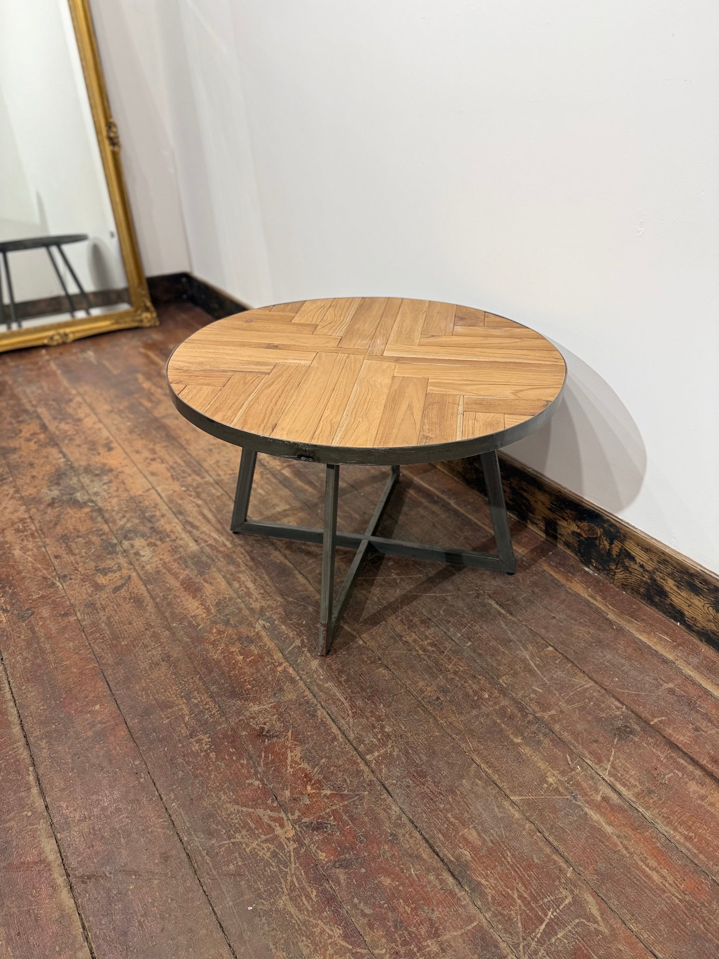 Industrial Round Oak Parquet Coffee Table Black Metal Rustic Vintage Style