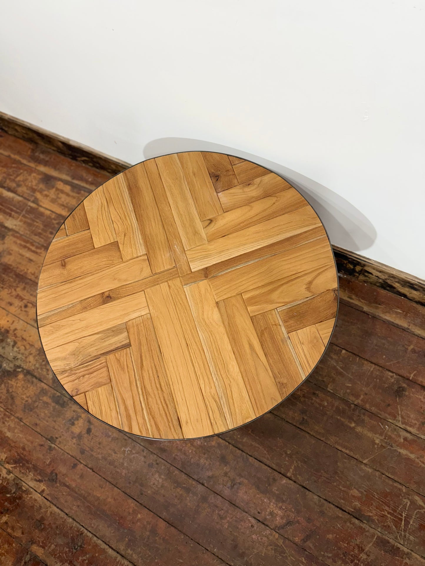 Industrial Round Oak Parquet Coffee Table Black Metal Rustic Vintage Style
