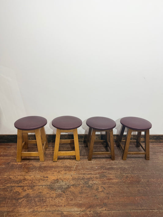 Vintage Wooden Bar Stools – Set of 4 – Burgundy Leather Effect Seats