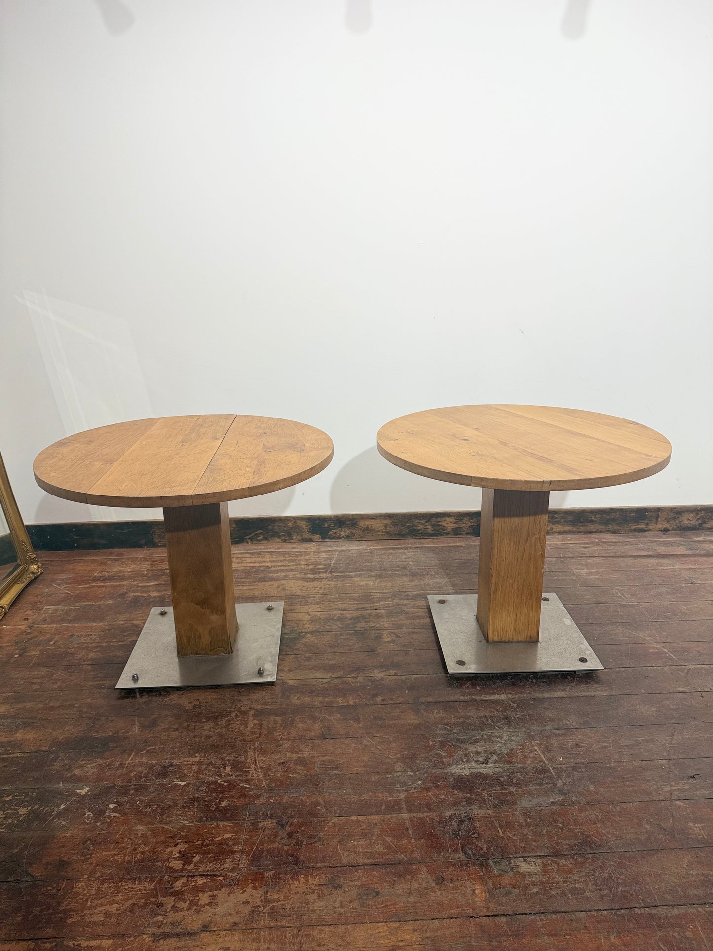 Pair of Rustic Industrial Style Oak Round Tables / Restaurant / Cafe / Bar