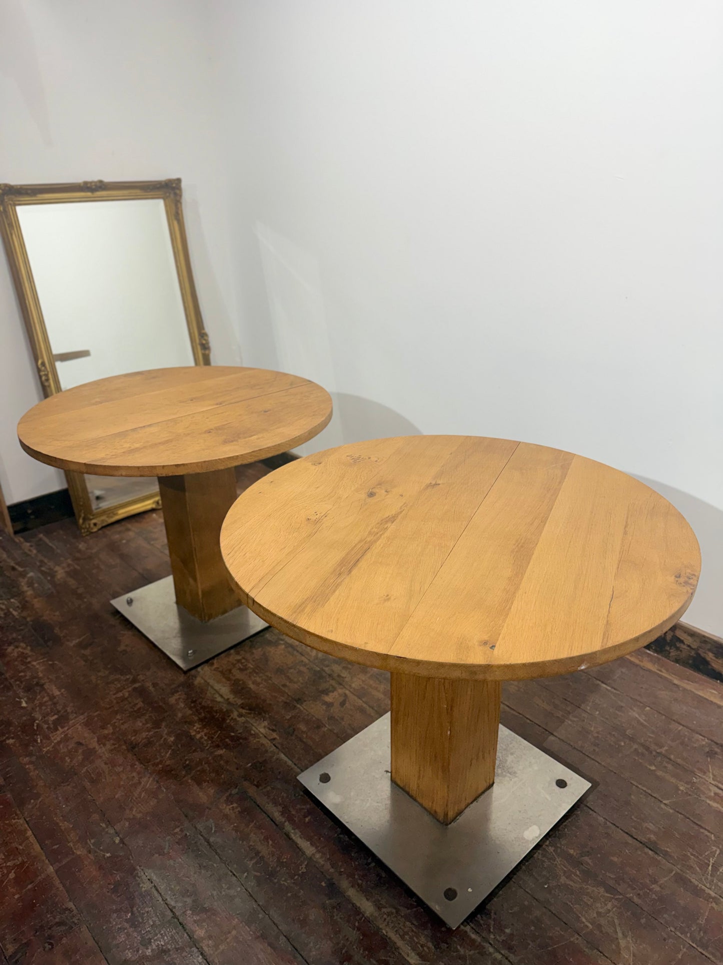 Pair of Rustic Industrial Style Oak Round Tables / Restaurant / Cafe / Bar