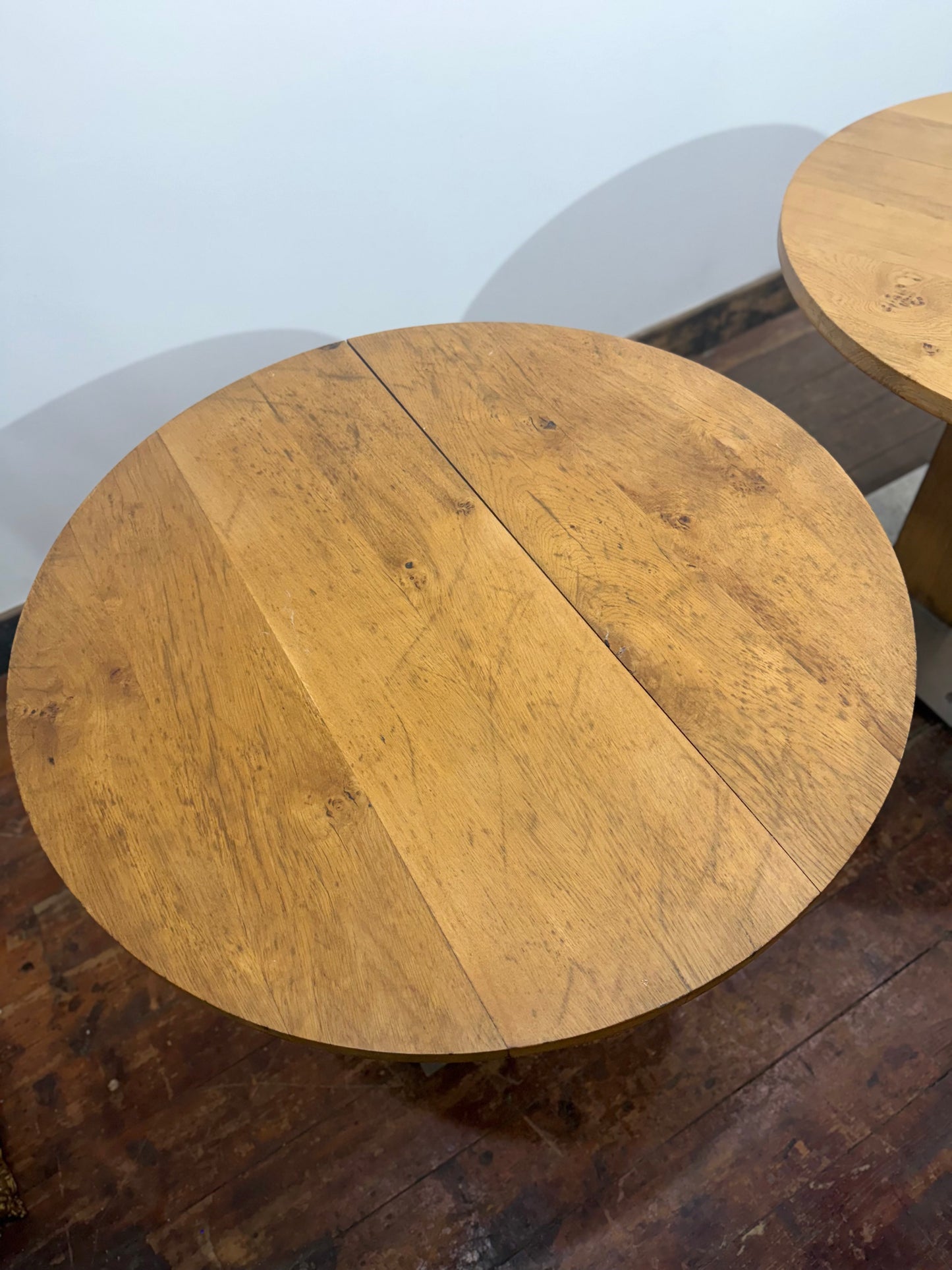 Pair of Rustic Industrial Style Oak Round Tables / Restaurant / Cafe / Bar