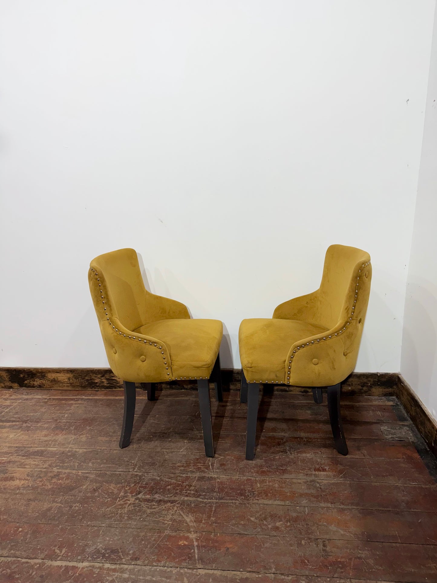 Pair of Mustard Yellow Buttoned Back Studded Dining Chairs