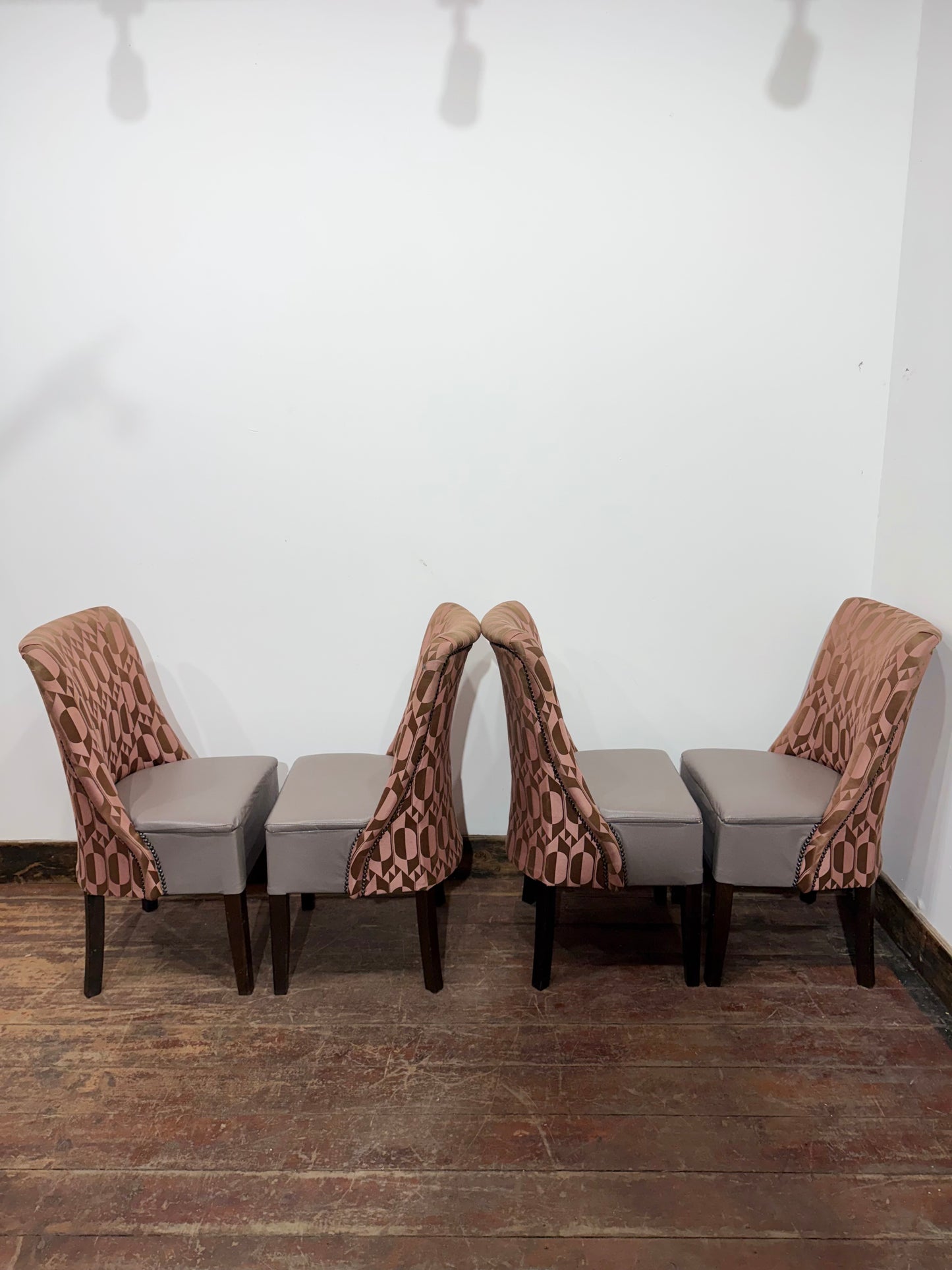 Set of 4 Patterned Upholstered Dining Chairs with Studded Detailing