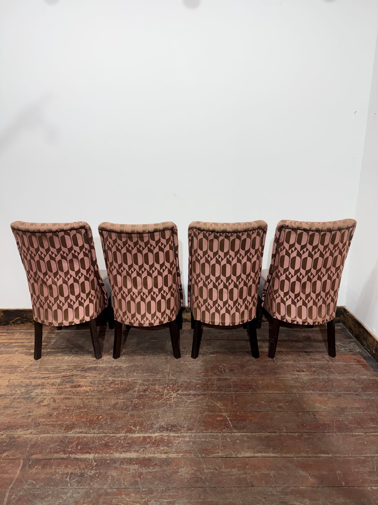 Set of 4 Patterned Upholstered Dining Chairs with Studded Detailing