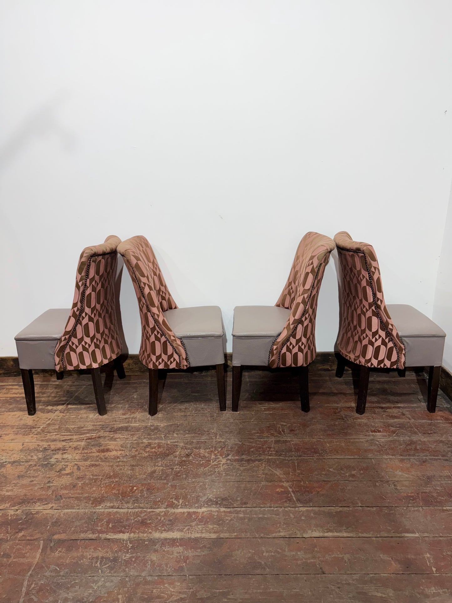 Set of 4 Patterned Upholstered Dining Chairs with Studded Detailing