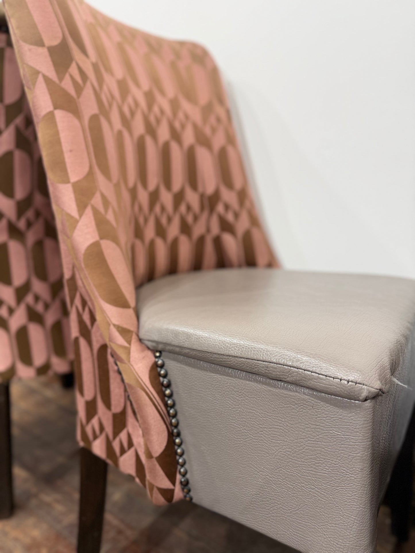 Set of 4 Patterned Upholstered Dining Chairs with Studded Detailing