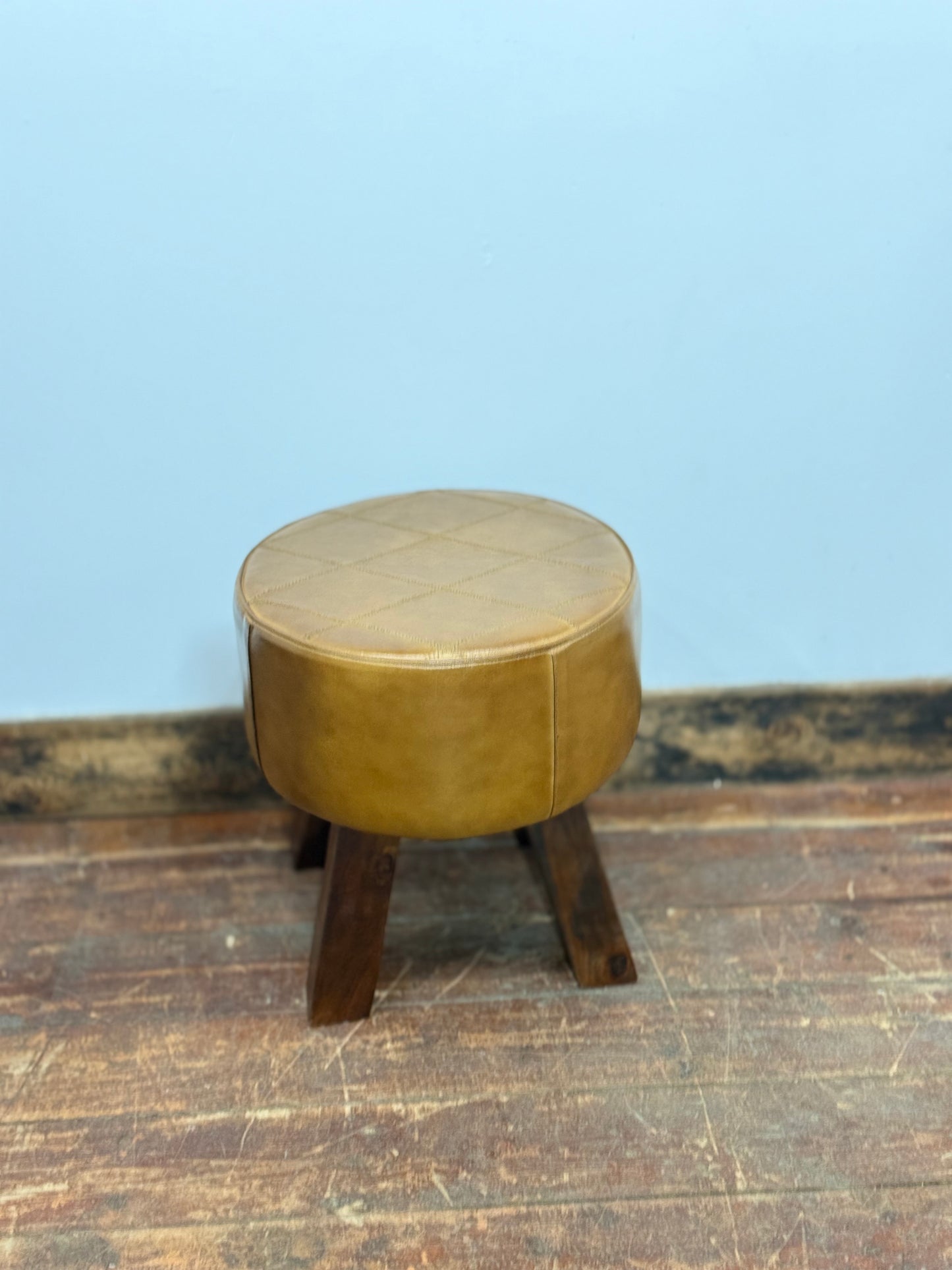 Tan Leather Round Stool/Footstool/Quilted Top/Wooden Legs