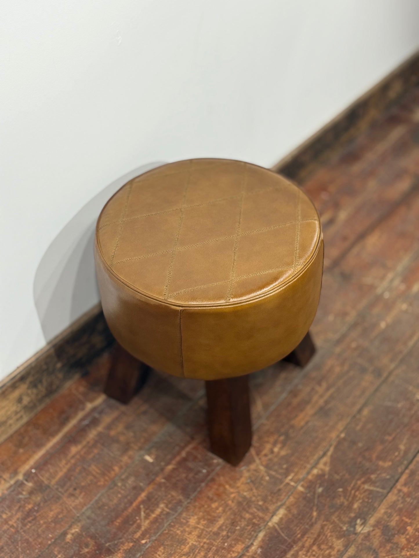 Tan Leather Round Stool/Footstool/Quilted Top/Wooden Legs